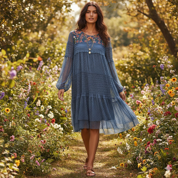 Maeve Anthropologie Blue Sheer Swiss Dot Embroidered Floral Dress XL Boho - Picture 1 of 10